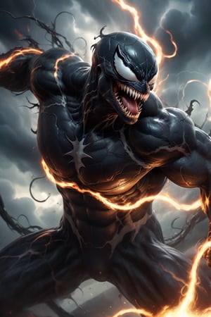 In a majestic, HD, 8K composition, a close up mid shot, the stunning figure of Venom, assumes a dramatic pose. Framed against fiery clouds, lightening, and a turbulent sky,Venoms gaze meets the viewer's, eyes gleaming with intensity,  he appears to scan the horizon. The illustration exudes a sense of heroic fantasy, reminiscent of Dungeons and Dragons, as if venom is about to embark on an epic adventure, wispy storm clouds, lightening, foggy turbulent sky,action shot