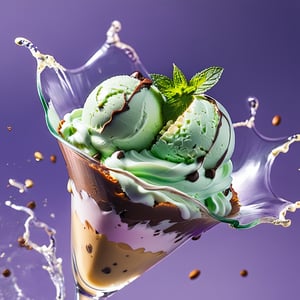 an extreme close up, macro photograph of chocolate chip mint ice cream with lime milk cream, in a stylish modern glass, ice cubes, nuts, mint leaves, splashing milk cream, in a gradient purple background, fluid motion, dynamic movement, cinematic lighting, Mysterious, golden ratio, fake detail, trending pixiv fanbox, acrylic palette knife, style of makoto shinkai studio ghibli genshin impact james gilleard greg rutkowski chiho aoshima,action shot,ice and water, mint water, 