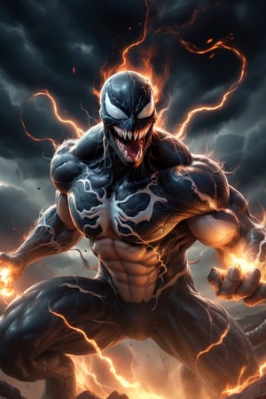 In a majestic, HD, 8K composition, a close up mid shot, the stunning figure of Venom, assumes a dramatic pose. Framed against fiery clouds, lightening, and a turbulent sky,Venoms gaze meets the viewer's, eyes gleaming with intensity,  he appears to scan the horizon. The illustration exudes a sense of heroic fantasy, reminiscent of Dungeons and Dragons, as if venom is about to embark on an epic adventure, wispy storm clouds, lightening, foggy turbulent sky,action shot