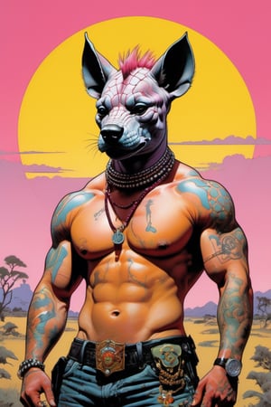 a hyena, Horror Comics style, art by brom, tattoo by ed hardy, shaved pink hair, neck tattoos by andy warhol , heavily muscled, biceps,glam gore, horror, angelic, god visions, Russian military poster style, asian art, chequer board, savanna views, setting sun, 