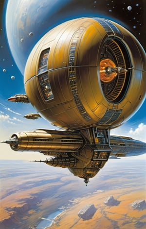 spaceship travelling past a planet, in space, ultra quality, highly detailed (ultra realism:1.2), art by john Berkey, art by chris foss, 2000ad magazine