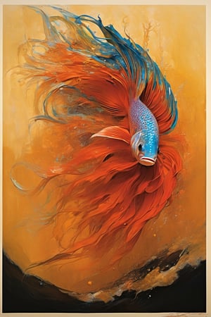  art by simon bisley, art by Brom, art by ralph steadman, art by gustav klimt, an exotic siamese fighting fish, resplendant in colour and intricate detail,  a masterpiece, realistic,  The artwork is a masterpiece, boasting incredible detail and a sense of depth that pulls the viewer in.