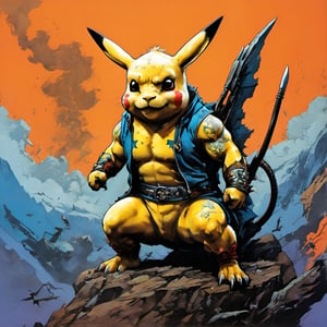 pikachu, raichu, gigantamax, electric bolts of lightening, sexy outfit, Horror Comics style, art by brom, tattoo by ed hardy, shaved hair, neck tattoos andy warhol, heavily muscled, biceps,glam gore, horror, demonic, hell visions, demonic women, military poster style, asian art, chequer board,