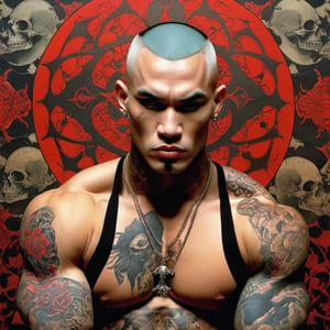 A Man, Horror Comics style, art by brom, tattoo by ed hardy, shaved hair, neck tattoos andy warhol, heavily muscled, biceps,glam gore, horror, demonic, hell visions, demonic women, military poster style, asian art, chequer board,retropunk style, mandlebrot fractal patterns, 
