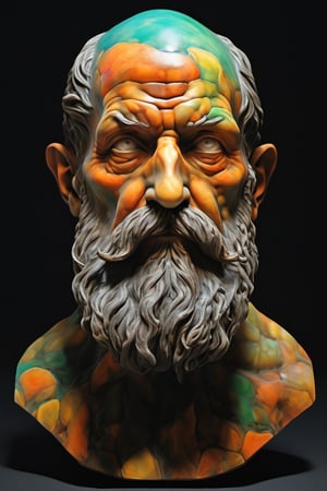 a bust sculpture by Michelangelo, a man with full  beard and a cube shaped head, stunning beauty, hyper-realistic oil painting, vibrant colors, dark chiarascuro lighting, a telephoto shot, 1000mm lens, f2,8,Vogue,more detail XL