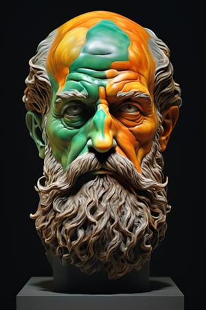 a bust sculpture by Michelangelo, a man, full beard, a cube shaped head, stunning beauty, hyper-realistic oil painting, vibrant colors, dark chiarascuro lighting, a telephoto shot, 1000mm lens, f2,8,Vogue,more detail XL
