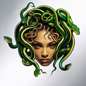 very close up, masterpiece, a scene of medusa staring at the viewer(((head hair made entirely of snakes))) split snake tongue ((medusas hair is entirely made of snakes))Amazon Tree Boa,aesthetic portrait,orn8,ColorART