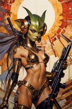 art by Masamune Shirow, art by J.C. Leyendecker, art by simon bisley, art by ralph steadman, a masterpiece, stunning beauty, hyper-realistic oil painting, star wars alien creatures, a portrait picture, incredible detail, fantasy portrait, smooth skin,  kaleidoscope graffiti background,