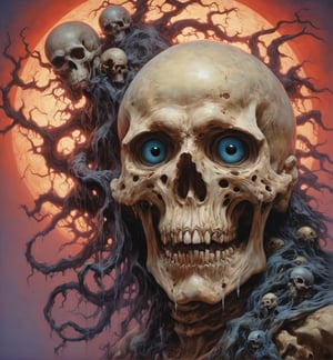 art by Masamune Shirow, art by J.C. Leyendecker, art by boris vallejo, a masterpiece, hyper-realistic oil painting, vibrant colors, Horror Comics style, art by brom, tattoo by ed hardy, a woman with half a skull face and half a human face, horror, dark chiarascuro lighting, a telephoto shot, 1000mm lens, f2,8 , , illustration,  ,perfecteyes,