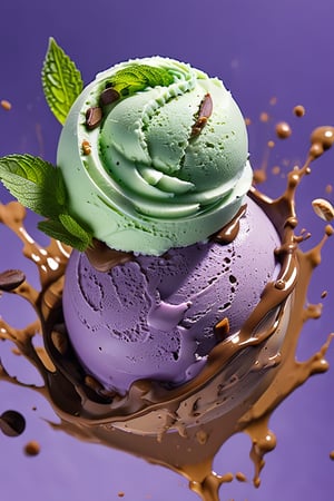 an extreme close up, macro photograph of chocolate chip mint ice cream with lime milk cream, in a stylish modern glass, ice cubes, nuts, mint leaves, splashing milk cream, in a gradient purple background, fluid motion, dynamic movement, cinematic lighting, Mysterious, golden ratio, fake detail, trending pixiv fanbox, acrylic palette knife, style of makoto shinkai studio ghibli genshin impact james gilleard greg rutkowski chiho aoshima,digital artwork by Beksinski,action shot