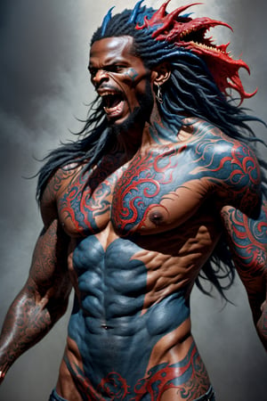 An sexy black african mans arm and shoulder, telephoto lens shot, man is staring at the viewer, raging, long hair, the arm and shoulder are  covered in a very detailed intricate red and blue dragon tattoo that is protruding outfrom the skin, coming alive, its screaming, scratching, similar to dragon tattoo by Boris Vallejo, slowly you see the small dragon tattoo in parts is coming out of the skin and becoming a real version of the tattoo, sticking out, scales, extended claws, 16K, movie still, cinematic, 