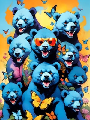 Blue bear with many baby bears, Horror Comics style, art by brom, tattoo by ed hardy, shaved hair, neck tattoos andy warhol, heavily muscled, biceps,glam gore, horror, blue bear, demonic, hell visions, demonic women, military poster style, chequer board, vogue bear portrait, Horror Comics style, art by brom, smiling, lennon sun glasses, punk hairdo, tattoo by ed hardy, shaved hair, neck tattoos by andy warhol, heavily muscled, biceps, glam gore, horror, poster style, flower garden, Easter eggs, coloured foil, oversized monarch butterflies, tropical fish, flower garden,Leonardo