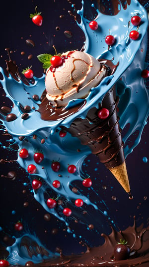 a macroscopic photograph of strawberry ice cream with cherry cream, ice cubes, maraschino cherries, blueberries, lychees , hundreds and thousands, dark chocolate sauce, nuts, mint leaves, splashing dark chocolate sauce, in a gradient honey  coloured background, fluid motion, dynamic movement, cinematic lighting, palette knife, digital artwork by Beksinski,action shot,sweetscape, 3D, oversized fruit, caramel theme, art by Klimt, airbrush art, food photography, food explosion background