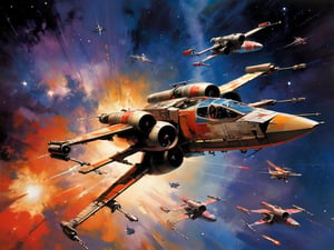 art by simon bisley, art by john berkey, a masterpiece, stunning detail, a rebellion X-Wing flying through the galaxy, 