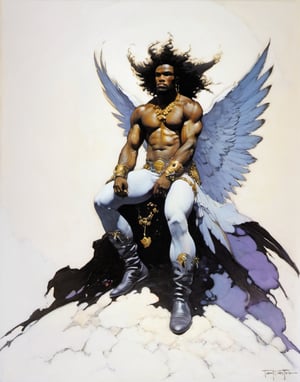 an oil painting, a masterpiece, a black male angel, wings spread,  art by TavitaNiko, art by mel odom, art by Klimt , art by brom, art by Warhol, art by frazetta, 