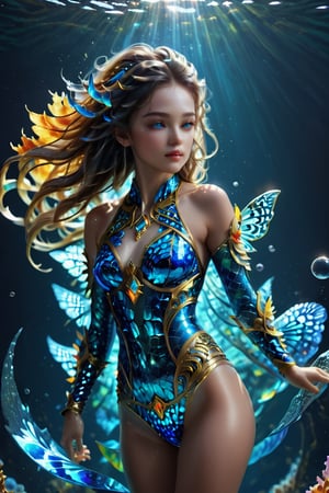 In the shimmering depths of the ocean abyss, an attractive young sea nymph glides effortlessly. Dressed in a form-fitting bikini that mirrors the colors of the sea, she moves with grace and allure. Her eyes, with a sly glint, suggest mysteries untold. The underwater world around her is alive with corals, sea creatures, and dappled sunlight filtering through the water's surface. Capture a full-body view from head to toe of this mesmerizing sea nymph, emphasizing the fluidity of her movements and the intricate details of her surroundings, barefoot, hands detailed, full body, perfect body, seductively pose, extremely charming, alluring scene, mysterious ancient fantasy world, cinematic photography, captured with professional DSLR camera, octane render, studio photo, 32k, ultra detailed, ultra sharp focus, golden ratio, 50 multicoloured different aquarium fish swimming around her face, small bubbles, flotsam, jetsum, plankton, seahorses, seaswirl, ultra wide shot,a girl formed of colored glaze,IncrsXLRanni,perfecteyes,F41Arm0rXL 