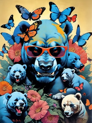 Blue bear with many baby bears, Horror Comics style, art by brom, tattoo by ed hardy, shaved hair, neck tattoos andy warhol, heavily muscled, biceps,glam gore, horror, blue bear, demonic, hell visions, demonic women, military poster style, chequer board, vogue bear portrait, Horror Comics style, art by brom, smiling, lennon sun glasses, punk hairdo, tattoo by ed hardy, shaved hair, neck tattoos by andy warhol, heavily muscled, biceps, glam gore, horror, poster style, flower garden, Easter eggs, coloured foil, oversized monarch butterflies, tropical fish, flower garden,retropunk style