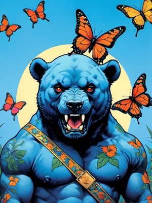 Blue bear with many baby bears, Horror Comics style, art by brom, tattoo by ed hardy, shaved hair, neck tattoos andy warhol, heavily muscled, biceps,glam gore, horror, blue bear, demonic, hell visions, demonic women, military poster style, chequer board, vogue bear portrait, Horror Comics style, art by brom, smiling, lennon sun glasses, punk hairdo, tattoo by ed hardy, shaved hair, neck tattoos by andy warhol, heavily muscled, biceps, glam gore, horror, poster style, flower garden, Easter eggs, coloured foil, oversized monarch butterflies, tropical fish, flower garden,retropunk style,vintagepaper,comic book,Leonardo Style