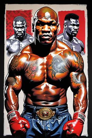 Mike Tyson , fighting evaded Holyfield, art poster by gian galang, (((art style by gian galang))), design by gian galang , neck tattoos by andy warhol, heavily muscled, biceps,glam gore, horror, demonic, hell visions, demonic women, fight poster style, asian art, chequer board, mma, octogon, 