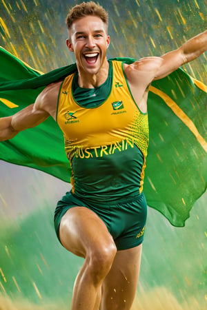 a mid section body shot photograph of a happy australian male athlete, he is wearing an australian olympic highjump  uniform, he is has an olympic  gold medal around his neck, his back and bottom are facing the viewer, very large green and gold flag background, fluid motion, dynamic movement, cinematic lighting, palette knife, digital artwork by Beksinski,action shot,sweetscape, art by Klimt, airbrush art, ,photo r3al,ice and water,close up,Movie Poster