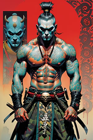 samurai, Horror Comics style, art by brom, tattoo by ed hardy, shaved hair, neck tattoos andy warhol, heavily muscled, biceps,glam gore, horror, demonic, hell visions, demonic women, military poster style, asian art, chequer board,