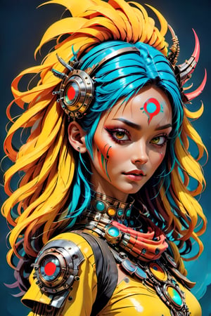 a masterpiece,  stunning beauty,  perfect face,  epic love,  Slave to the machine,  full-body,  hyper-realistic oil painting,  vibrant colors,  Body horror,  wires,   ,  native american war bonnet, a rusty and silver spotted steampunk spacesuit, women looking directly out to viewer, wry smile on her face, neon face with multiple coloured circuits on it, full face visor translucent dirty yellow colour, in the style of futuristic space, glamour,Steam punk steam punk animated gifs, xenomorph lookalike adornments, gun in hand, algorithmic artistry, frank frazetta style, perfect makeup, boris vallejo, pop art consumer culture, plain neon steampunk background, full figure pose,dripping paint,Leonardo Style,blacklight makeup,oni style