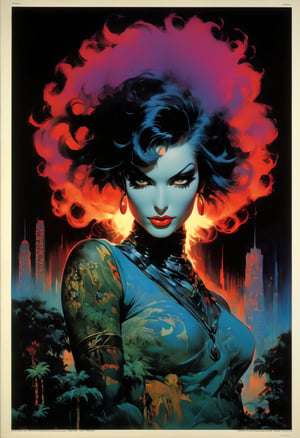 art by Masamune Shirow, art by J.C. Leyendecker, art by boris vallejo, a masterpiece, stunning beauty, hyper-realistic oil painting, vibrant colors, Horror Comics style, art by brom, tattoo by ed hardy, shaved hair, neck tattoos andy warhol, heavily muscled, biceps,glam gore, horror, demonic, hell visions, demonic women, military poster style, asian art, chequer board, wearing mirrored sunglasses, dark chiarascuro lighting, a telephoto shot, 1000mm lens, f2,8 , grunge style , abstract, illustration, 1960 aesthetics, minimalistic, trendy, mixed media, vector art, vintage , silver theme,  1girl, female focus,  text focus, gradient background, palm trees, diamond \(symbol\), glow, the text "Tavita" ,