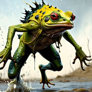 An extreme macroscopic close up of a huge leaping frog, wet slippery body, frog green , yellow, black, colours, warts, bumps and lumps, sporadic hairs, Bitey, stinging pointing things, sucking probes, tongue stretched and rolling out to catch a fly, digital artwork by Beksinski,potma style,action shot