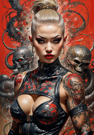 hell poster, manga style, an oil painting, a masterpiece, art by TavitaNiko, art by Vallejo, art by Klimt , art by giger, tattoo by ed hardy, shaved hair, neck tattoos andy warhol, heavily muscled, biceps,glam gore, horror, demonic, hell visions, demonic women, military poster style, asian art, chequer board,