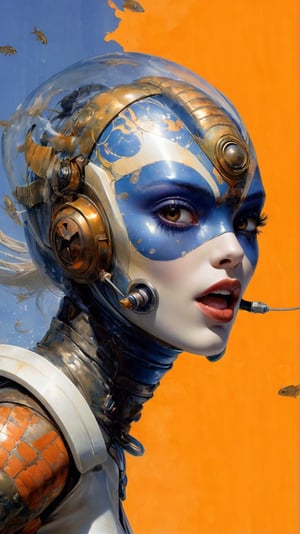 art by Masamune Shirow, art by J.C. Leyendecker, art by simon bisley, art by ralph steadman, a masterpiece, stunning beauty, hyper-realistic oil painting, star wars alien creatures, a portrait picture, incredible detail, fantasy portrait, alien skin, breathing apparatus, fish like skin, eel like noses, orange graffiti background, 