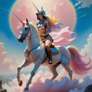 Vintage masterpiece by Frank Frazetta: A ravishing female warrior, donning armor and a hood, commands attention as she astride a majestic pink and white striped unicorn. Together, they burst forth from the clouds, into a brilliant blue sky, evoking a sense of heroic fantasy reminiscent of Dungeons and Dragons. The 8K resolution brings forth every delicate detail, while the HD framing showcases her unyielding spirit.,Rainbow Unicorn,riding,horseback riding