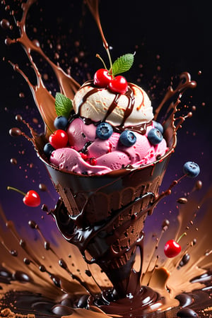 a macroscopic photograph of strawberry ice cream with cherry cream, ice cubes, maraschino cherries, blueberries, lychees , hundreds and thousands, dark chocolate sauce, nuts, mint leaves, splashing dark chocolate sauce, in a gradient honey  coloured background, fluid motion, dynamic movement, cinematic lighting, palette knife, digital artwork by Beksinski,action shot,sweetscape, 3D, oversized fruit, caramel theme, art by Klimt, airbrush art, food photography, food explosion, 