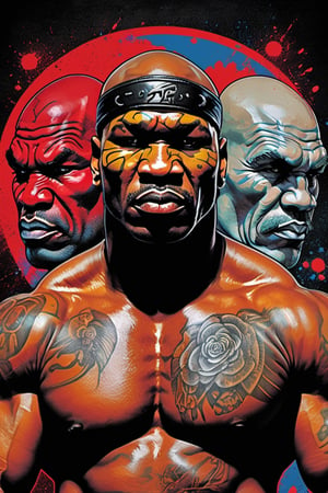 Mike Tyson , fighting evaded Holyfield, art poster by gian galang, (((art style by gian galang))), design by gian galang , neck tattoos by andy warhol, heavily muscled, biceps,glam gore, horror, demonic, hell visions, demonic women, fight poster style, asian art, chequer board, mma, octogon, 