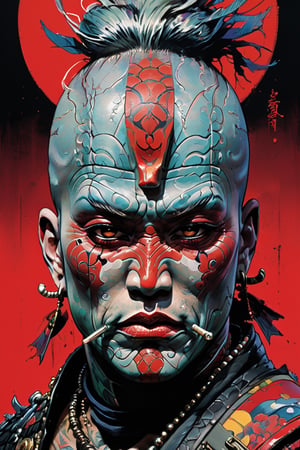 samurai, wearing full battle armour, Horror Comics style, art by brom, tattoo by ed hardy, shaved hair, neck tattoos andy warhol, heavily muscled, biceps,glam gore, horror, demonic, hell visions, demonic women, military poster style, asian art, chequer board,japanese flag, wearing a gee, 