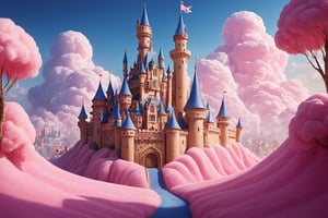 In a breathtakingly rendered fantasy landscape, a majestic castle rises high on a hill, its flags waving majestically in the gentle breeze. Turrets stretch towards the sky, adorned with intricate details and vibrant colors. The sweet-scented village below is a kaleidoscope of tropical delights: cotton candy clouds, cookie-shaped buildings, sugar-coated trees, and shimmering fruit stands. Dramatic lighting casts a warm glow, accentuating rounded corners and sparkling textures. A gradient of colors blooms across the scenery, from deep blues to radiant yellows. The overall effect is a sumptuous, 8K masterpiece that transports viewers to a whimsical world of wonder.