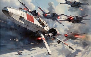 art by john berkey, a masterpiece, stunning detail, a rebellion X-Wing flying along the death start trenches being chased by tie fighters, firing red laser missiles, high speed blur, action shot, 