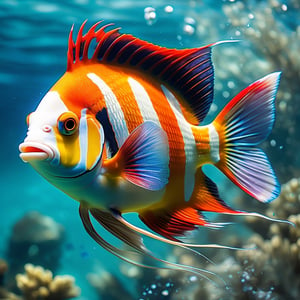 a tropical angel fish, very colourful, red tipped fins, underwater, seaweed, aqua water, Colourful cat ,