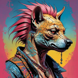 a hyena, Horror Comics style, art by brom, tattoo by ed hardy, shaved pink hair, neck tattoos by andy warhol , heavily muscled, biceps,glam gore, horror, angelic, savanna style, heatwave, stone carvings, tribal motifs, tribal art, animal skins, god visions, Russian military poster style, asian art, chequer board, savanna views, setting sun, 