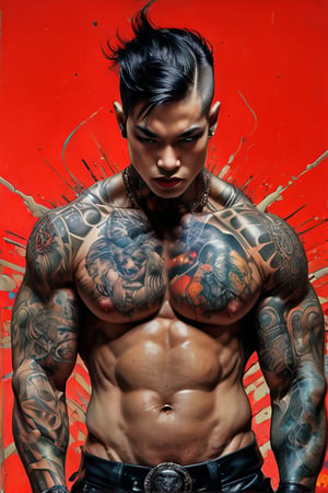 hell poster, manga style, an oil painting, a masterpiece, art by TavitaNiko, art by Vallejo, art by Klimt , art by giger, tattoo by ed hardy, shaved hair, neck tattoos andy warhol, heavily muscled, biceps,glam gore, horror, demonic, hell visions, demonic women, military poster style, asian art, chequer board,