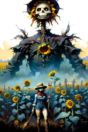  solo focus, hd, 8k, vintage illustration, A vintage-inspired scarecrow standing proudly in a sunflower field, with a worn-out hat and a rusty pitchfork. , masterpiece, award winning illustration by Frank Frazetta, a sexy female scarecrow, DarkFantasy, dark atmosphere, advntr,fr4z3tt4