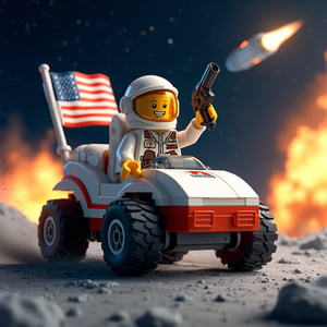 Indulge in a thrilling 3D LEGO block cartoon of  Buzz Aldrin, donning a futuristic full-face helmet with gold reflective visor, sits atop the Lunar Roving Vehicle (LRV) as it zooms across the moon's rugged terrain, its tires kicking up dust and debris. The American flag proudly flapping behind him. With a grin on his face, Buzz raises a gun to the sky, firing a celebratory shot amidst the chaos of massive explosions erupting in the distant background. An otherworldly alien spacecraft soars through the starry night sky, casting an eerie glow over the lunar landscape.