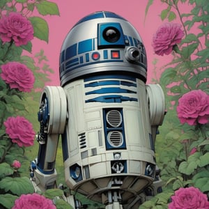 r2d2 , Horror Comics style, art by brom, smiling people, poking tongue at viewer, lennon sunglasses, punk hairdo, tattoo by ed hardy, shaved hair, neck tattoos by andy warhol, heavily muscled, biceps, glam gore, horror, poster style, flower garden, 
