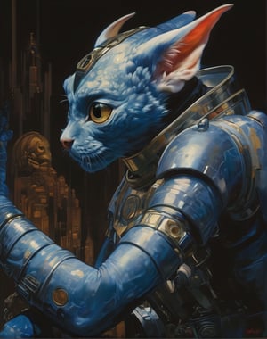 art by Masamune Shirow, art by J.C. Leyendecker, art by boris vallejo, art by gustav klimt, art by simon bisley, a masterpiece, stunning beauty, hyper-realistic oil painting, a star wars crearure, big boggly eyes, small dark pupil, pointy ears, short fluffy skin in tufts, sinewy veiny skin,  just waking up, annoyed, small creepy hands, sigma 1000 mm lens, f2.8, eyes in focus,