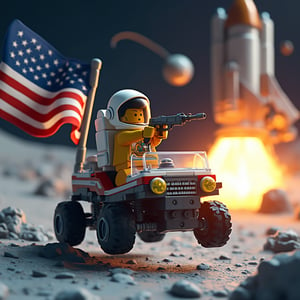 An 3d lego block cartoon scene featuring buzz aldrin riding the lunar rover at full throttle jumping over moon craters, and firing a gun in the airr. The American flag waves proudly behind him as an alien spacecraft soars through the sky. In the background, massive explosions light up the scene.