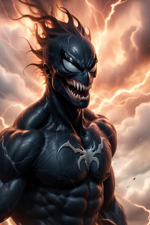 In a majestic, HD, 8K composition, a close up mid shot, the stunning figure of Venom, assumes a dramatic pose. Framed against fiery clouds, lightening, and a turbulent sky,Venoms gaze meets the viewer's, eyes gleaming with intensity,  he appears to scan the horizon. The illustration exudes a sense of heroic fantasy, reminiscent of Dungeons and Dragons, as if venom is about to embark on an epic adventure, wispy storm clouds, lightening, foggy turbulent sky,action shot