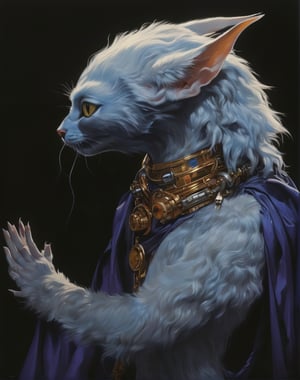 art by Masamune Shirow, art by J.C. Leyendecker, art by boris vallejo, art by gustav klimt, art by simon bisley, a masterpiece, stunning beauty, hyper-realistic oil painting, a star wars crearure, big boggly eyes, small dark pupil, pointy ears, short fluffy skin in tufts, sinewy veiny skin,  just waking up, annoyed, small creepy hands, sigma 1000 mm lens, f2.8, eyes in focus,
