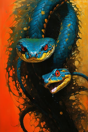  art by simon bisley, art by Brom, art by ralph steadman, art by gustav klimt, a slithering poisonous snake in a tropical jungle, resplendant in colour and intricate detail,  a masterpiece, realistic,  The artwork is a masterpiece, boasting incredible detail and a sense of depth that pulls the viewer in.