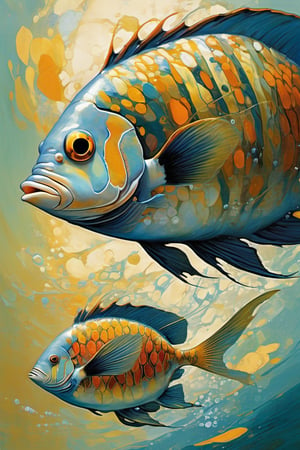  art by simon bisley, art by Brom, art by ralph steadman, art by gustav klimt, a tropical angel fish swimming in a tropical ocean, resplendant in colour and intricate detail,  a masterpiece, realistic,  The artwork is a masterpiece, boasting incredible detail and a sense of depth that pulls the viewer in.