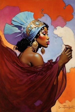 Gay, art nouveau style, an oil painting, a masterpiece, a hot black african american women, she is built for pleasure, ample breasts and bottom, she has it and knows it,  art by TavitaNiko, art by mel odom, art by Klimt , art by brom, art by Warhol, art by frazetta, poster style, Russian art, pink, baby blue, lilac, feminine, 