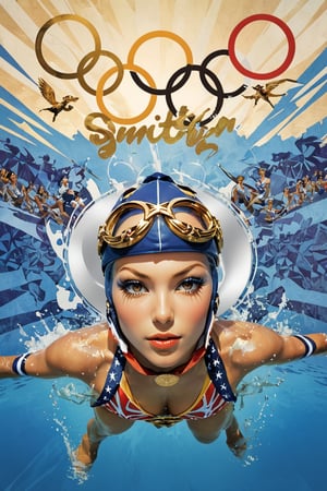 art by Masamune Shirow, art by J.C. Leyendecker, art by simon bisley, art by ralph steadman, a masterpiece, stunning beauty, hyper-realistic movie poster, 8k, olympic male athletes, bronze medal, silver medal, gold medal, olympic rings, swimming, a portrait picture,wearing country of origin uniform,  incredible detail, fantasy portrait, smooth skin,  kaleidoscope graffiti background, artint, frutiger, 